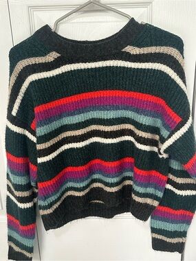 Striped Multi-Color Crewneck Sweater - Black with Red, Purple & Teal Stripes